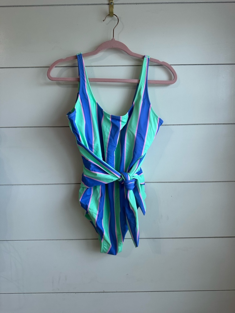 Fabletics Striped One-Piece Swimsuit in Blue and Green with Tie